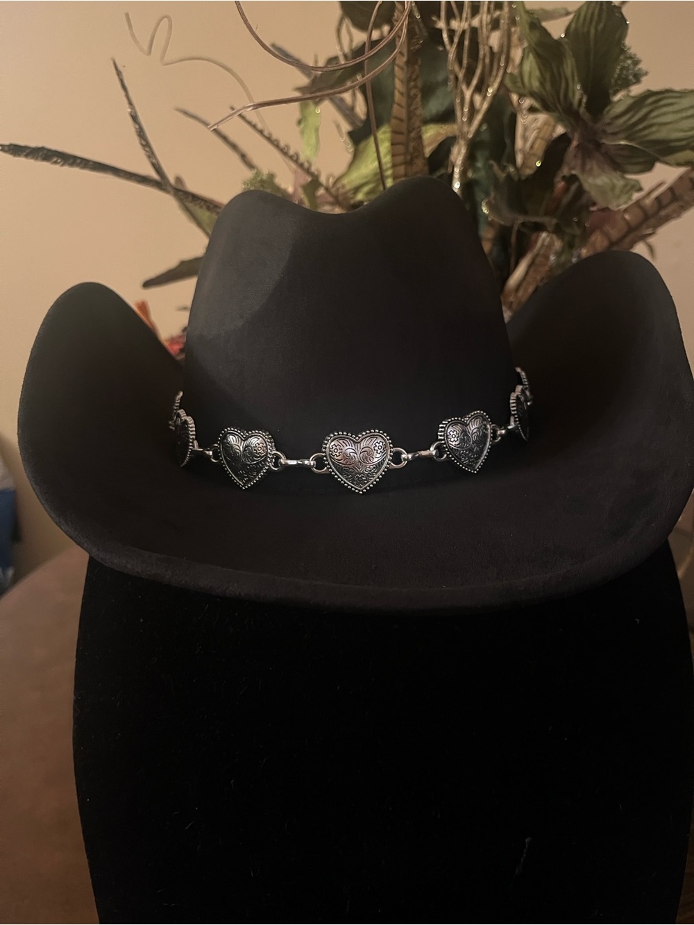 Black Cowboy Hat with Silver Heart Band